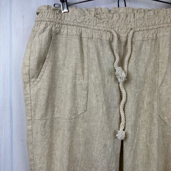 Women's Roxy Linen Blend Large Pants Tan Beige Khaki Oatmeal Tie at waist L - Picture 3 of 12